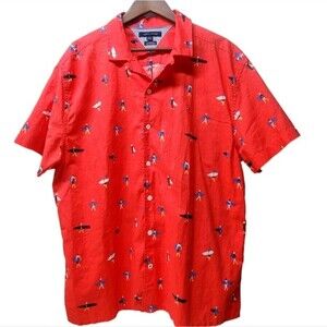 TOMMY HILFIGER Custom Fit Red Surfer Print Short Sleeve Button-Up Shirt XXL